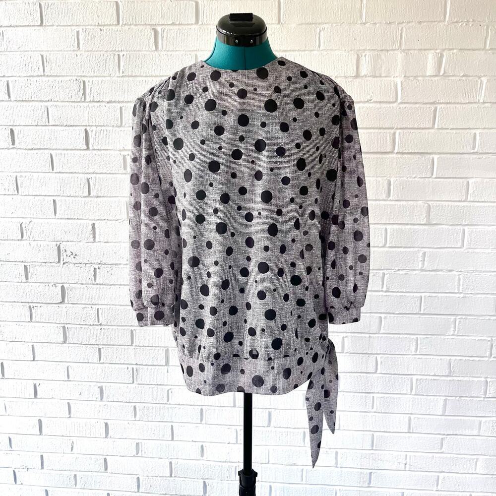 Vintage 70s polka dot black & gray polyester blouse
